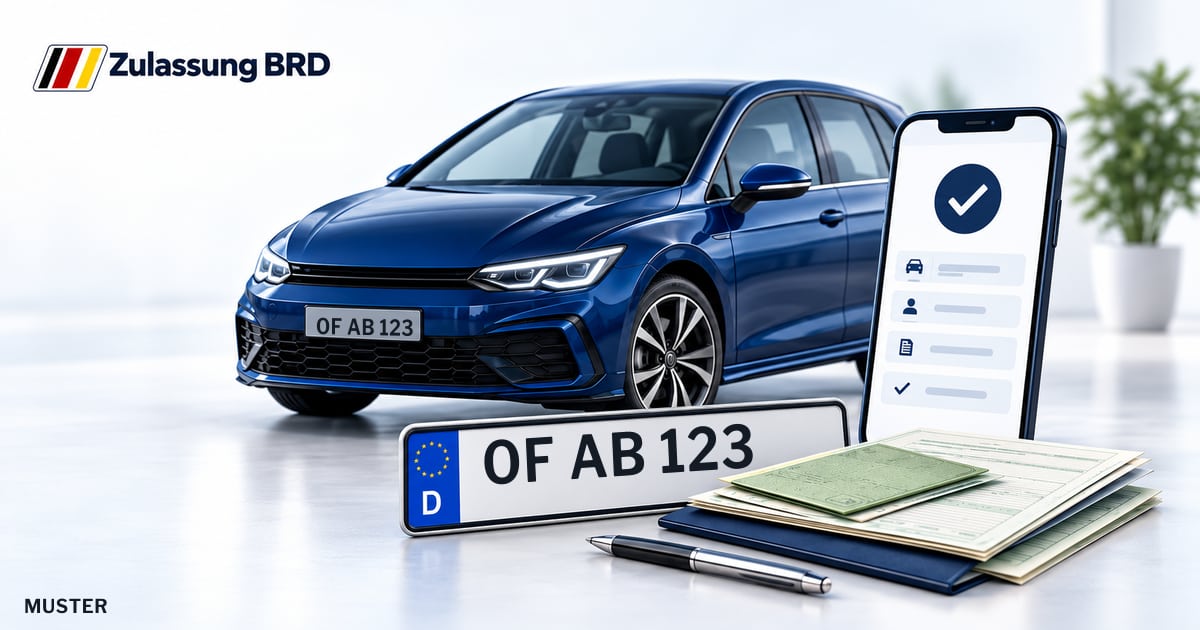 Online Fahrzeugzulassung in Dietzenbach: Musterkennzeichen OF AB 123, Auto und Fahrzeugpapiere und Smartphone. Illustration mit Logo von Zulassung BRD.